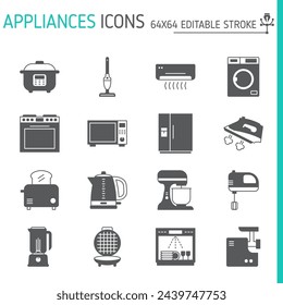 Home appliances solid icon set, household vector collection, logo illustrations, house equipment symbols vector icons, glyph style pictogram pack, editable stroke icons.