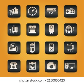 home appliances symbols on black buttons on yellow background