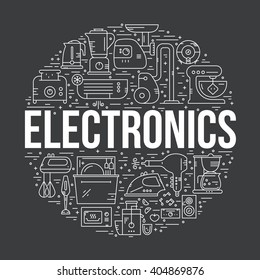 Home appliances, technology and electronics arranged in a circle. Vacuum cleaner, toaster, mixer, dishwasher and other houe gear.