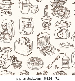 Home appliances themed doodle Seamless Pattern. . Sketches. Hand-drawing. Vector illustration of for design and packages product. Vector Illustration.