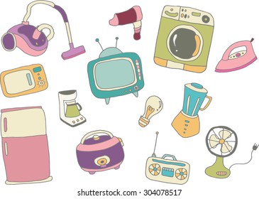 Home appliances themed doodle set. vector sketches isolated over white background.