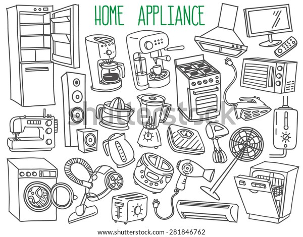 Home appliances themed doodle set. Various\
household equipment and facilities - major and small  appliances,\
consumer electronics, kitchenware. Freehand vector sketches\
isolated over white\
background.