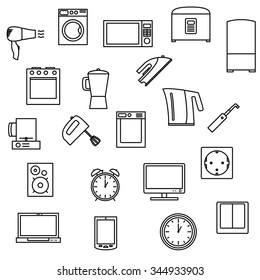 Home appliances themed flat icon set for web, mobile and infographics.
Various household equipment and facilities Ã¢?? major and small appliances, consumer electronics, kitchenware.