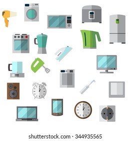 Home Appliances Themed Flat Icon Set For Web, Mobile And Infographics.
Various Household Equipment And Facilities Ã¢?? Major And Small Appliances, Consumer Electronics, Kitchenware.