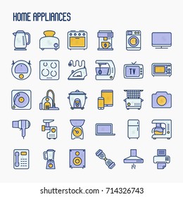 Home appliances thin line icons set: refrigerator, coffee machine, microwave, fryer. Household vector illustration. 