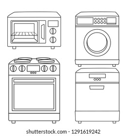 Home Appliances Vector Drawings Black and White Coloring Pages. Cartoon Illustration of Microwave , Washing Machine, Stove and Dishwasher Machine on a White Background