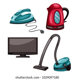Home Appliances Vector Drawings. Cartoon Illustration of Electric Iron, Vacuum Cleaner, TV and Electric Kettle on a White Background