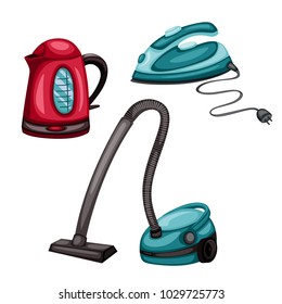 Home Appliances Vector Drawings. Cartoon Illustration of Vacuum Cleaner, Electric Iron and Electric Kettle on a White Background