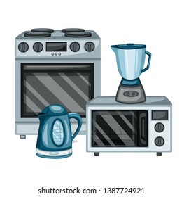 Home Appliances Vector Drawings Set. Cartoon Illustration of Oven, Stove, Electric Kettle, Blender on a White Background
