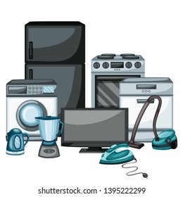 Home Appliances Vector Drawings Set. Cartoon Illustration of Washing Machine, Refrigerator, TV, Electric Kettle, Dishwasher Machine, Oven, Stove, Electric Iron, Blender on a White Background
