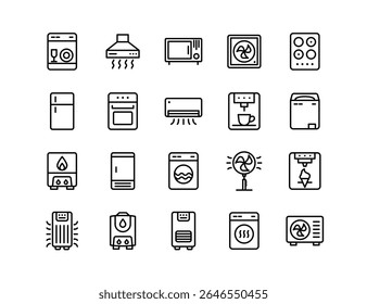 Home Appliances Vector Icon Set | Adjustable Line Weight | Refrigerator, dishwasher, microwave, oven, air conditioner, coffee maker, washing machine, heater, kitchen, household