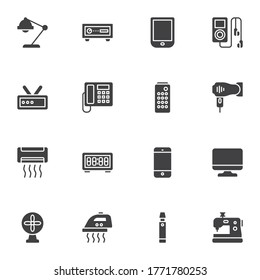 Juego de iconos vectoriales para electrodomésticos, colección moderna de símbolos sólidos, paquete de pictogramas estilo relleno para equipos domésticos. Señales, ilustración del logotipo. El juego incluye iconos como lámpara de escritorio, teléfono, plancha, ventilador, ac