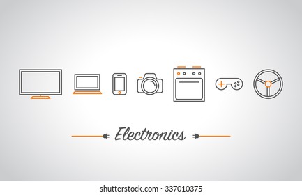 Home appliances vector illustration. Different electronic devices and household icons set. Consumer electronics, gadgets, photography, kitchenware, games, goods for cars. Best for internet shop.