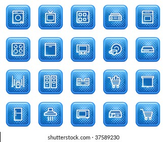 Home appliances web icons, blue square buttons with dots