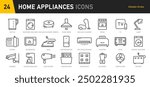 Home Appliances web icons in line style. Household appliance, vacuum cleaner, refrigerator, TV, cooking, entertainment, conditioning, dishwasher, collection. Vector illustration.	