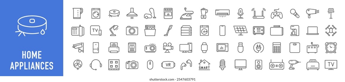 Home Appliances web icons in line style. Household appliance, vacuum cleaner, refrigerator, TV, cooking, entertainment, conditioning, dishwasher, collection. Vector illustration.