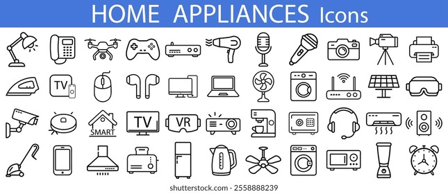 Home Appliances web icons in line style. Household appliance, vacuum cleaner, refrigerator, TV, cooking, entertainment, conditioning, dishwasher, collection. Vector illustration.