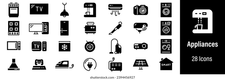 Home Appliances Web Icons. Vacuum Cleaner, Coffee Machine, Dishwasher, Game Console, Desktop computer. Vector in Line Style Icons