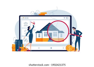 Home appraisal concept. Real estate appraisers are doing property inspection of the house. Real estate assessment, valuation, fixing of value for banner, web, emailing. Flat design vector illustration