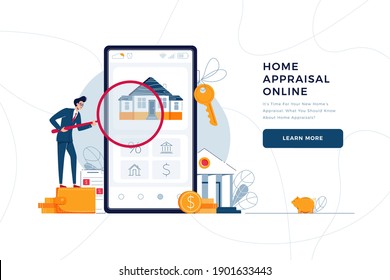 Home appraisal online landing page template. Banker is doing property inspection of a house, holding a magnifying glass. Real estate valuation, home value for web site design. Flat vector illustration