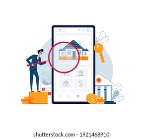 Home Appraisal Online Vector Illustration. Banker Is Doing Property Inspection Of A House, Holding A Magnifying Glass. Real Estate Valuation, Property Assessment, Home Value Concept. Flat Style