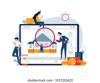 Home appraisal process vector illustration. House owners await an assessment results while inspector is doing real estate estimation. Time of property appraisal process concept. Flat style