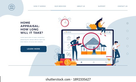 Home appraisal process web template. House owners await an assessment results while inspector is doing real estate estimation. Time of property appraisal process for homepage. Flat vector illustration