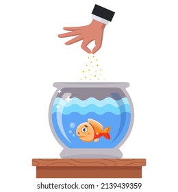 a home aquarium with a fish is on the table. a person feeds fish with special food. flat vector illustration.