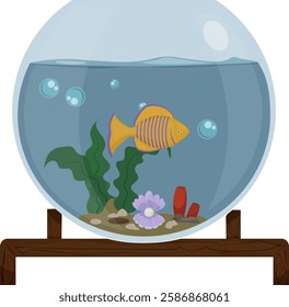  Home aquarium with underwater yellow fish with water, algae, sand and stones. Interior decoration and home life. Vector illustration