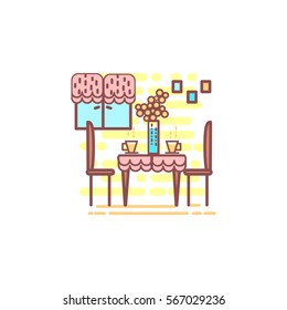 Home areas kitchen. Thin line flat color vector illustration. Modern trendy design. Style graphic concept interior house. Illustration with window, table  and flower.