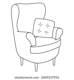 Home armchair with cushion vector outline icon. Comfortable armchair with cushion on white background. Isolated outline home armchair. Black and white. Art therapy Coloring page Vector illustration