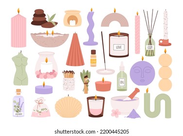 Home aroma candles, incense and meditation elements. Woman relax tools, aromatherapy scent and scented aromatic wax candles. Racy vector home decorations