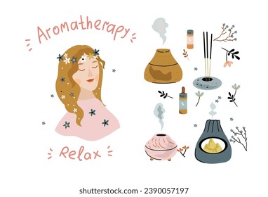 Home aromatherapy for relaxation, stress relief. Aroma lamps, candles and aromatherapy tools  doodle vector cartoon flat doodle set.