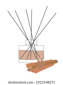 Home aromatherapy Vector isolated illustration. Diffuser with sticks cinnamon fragrance