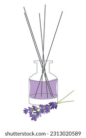 Home Aromatherapie Vektor einzelne Illustration. Diffuser mit Stöcken violettem Lavendel-Duft 