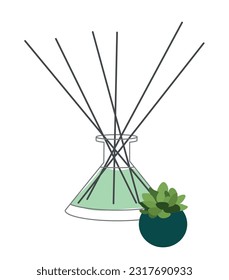 Home aromatherapy Vector isolated illustration. Green Diffuser with sticks with standing flower pot with succulent