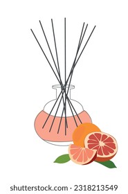 Home aromatherapy Vector isolated illustration. Diffuser with sticks orange  and grapefruit citrus fragrance