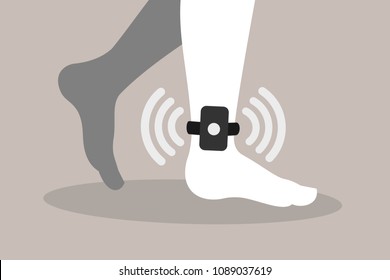 Home arrest - criminal, convict and prisoner is monitored by electronic and technologic device on the ankle and foot. Altenative punishment and sentencing. Vector illustration.