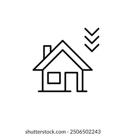 Home with arrows down. Property value decrease. Pixel perfect vector icon