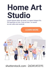 Home art studio creative painting group people drawing canvases cozy interior modern workspace bright colors website banner