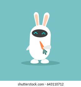 Home assistant. Cute white robot with bunny ears holding a carrot / flat editable vector illustration, clip art