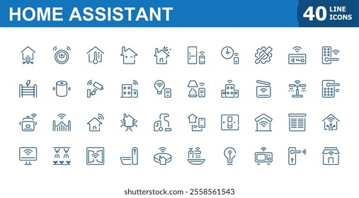 Home assistant icon collection. Includes thin line conditioning, security, home, smart, electronic, network. Minimalist thin icons. Vector outline icons collection.