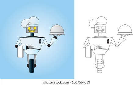 home assistant a robot cook invites you to dinner, in one hand the robot holds a dish with a lid, and in the other a towel. vector illustration