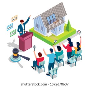 Home auction, vector illustration. Isometric residential house building, auctioneer with gavel and people with bid paddles. Auction and bidding composition for web banner, website page etc.