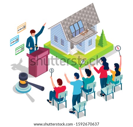 Home auction, vector illustration. Isometric residential house building, auctioneer with gavel and people with bid paddles. Auction and bidding composition for web banner, website page etc.