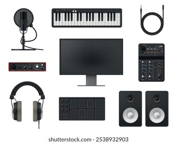 Casa equipamento de gravação de áudio para som acústico música definir ilustração vetor realista. Studio microfone eletrônico piano sintetizador monitor fones de ouvido painel de controle cabo monitor musical criar