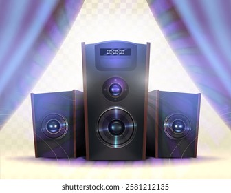Home Audio System. Realistic 3d speakers for music festival. Curtain in the background
