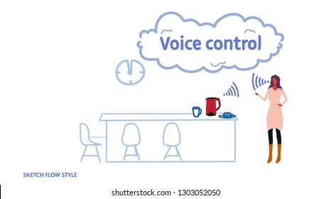 home automatic kettle controlled by woman smart tech teapot recognizes commands voice control concept modern kitchen interior sketch flow style horizontal