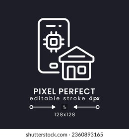 Icono de escritorio lineal blanco de la aplicación Home Automation en negro. Dispositivos de Internet de las cosas. Píxel perfecto 128x128, contorno 4px. Símbolo de interfaz de usuario aislado para tema oscuro. Trazo editable