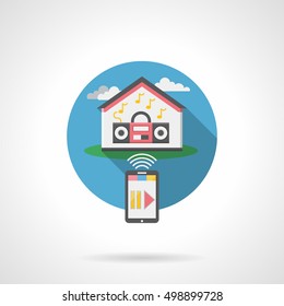 Home automation audio system. Remote control of household appliances. Smart house concept. Flat color style single vector icon